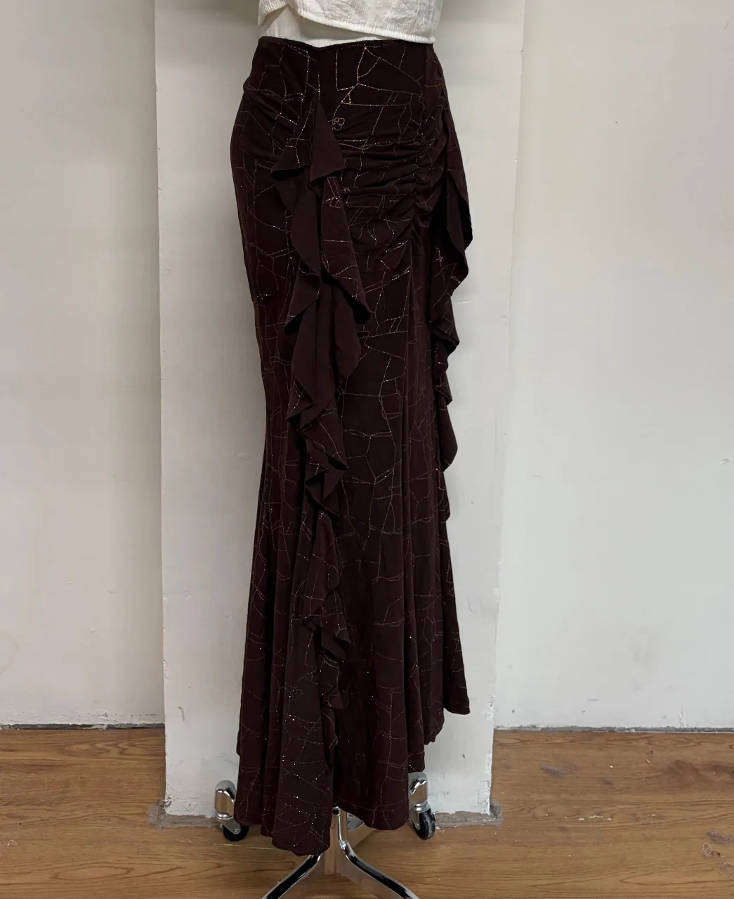 Brown Shimmery Ruffle Maxi Skirt