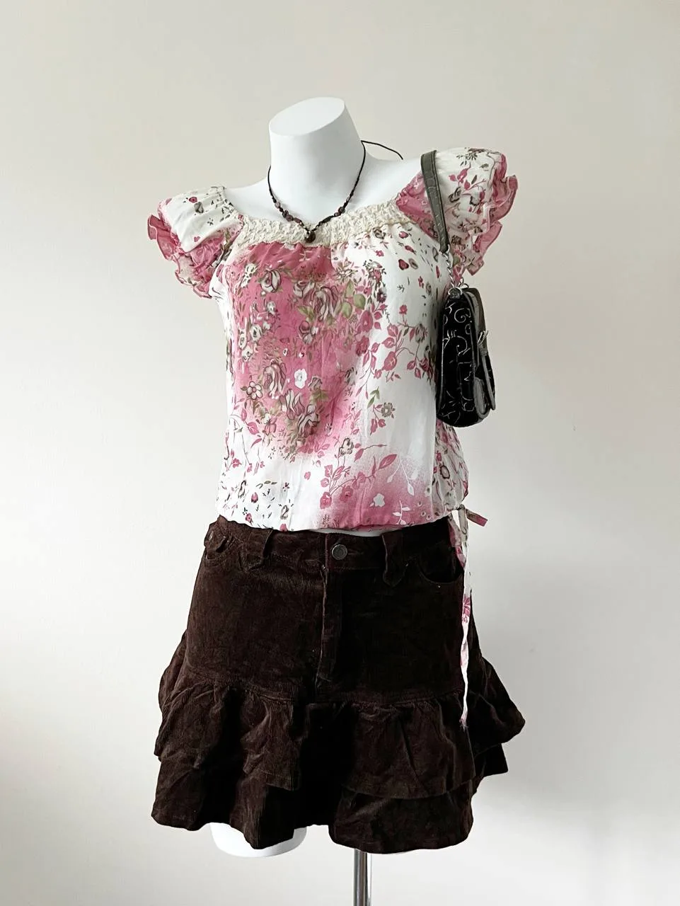 Brown Tiered Hem Corduroy Mini Skirt