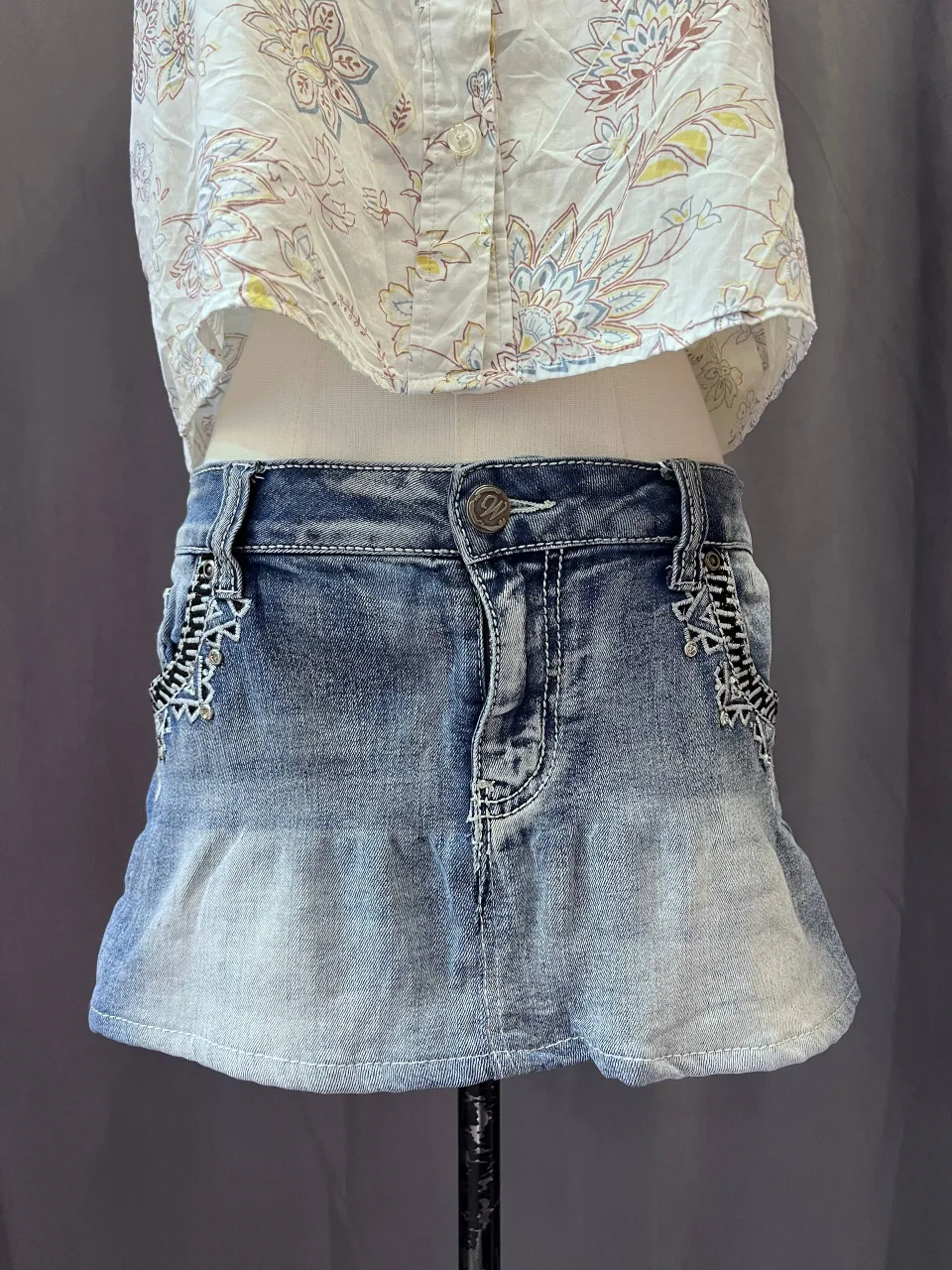 Gradient Wash Embroidered Denim Skirt