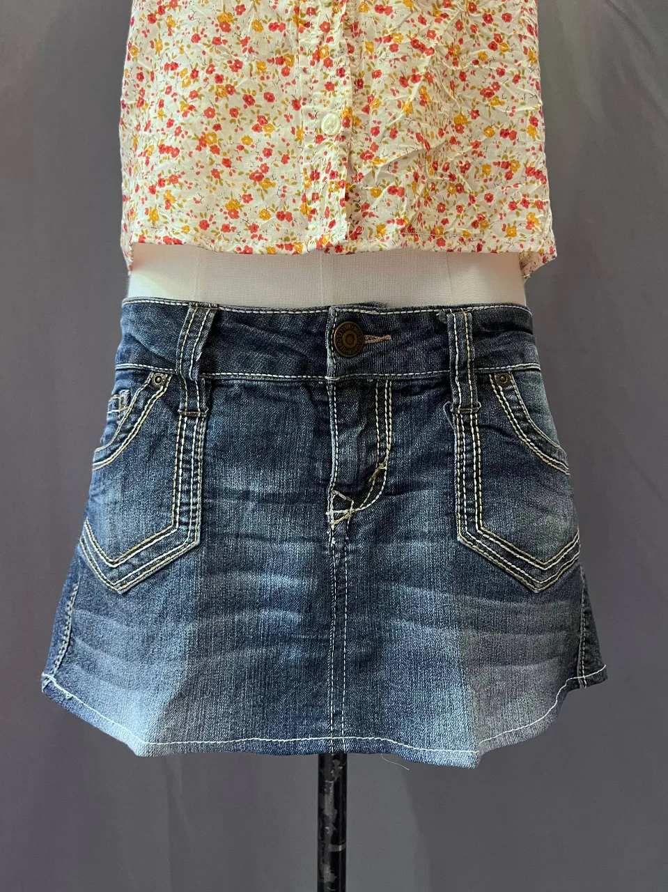 Dark Wash Contrast Stitch Denim Skirt