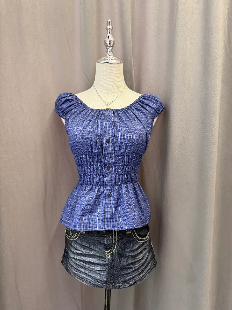 Blue Plaid Reworked Milkmaid Blouse